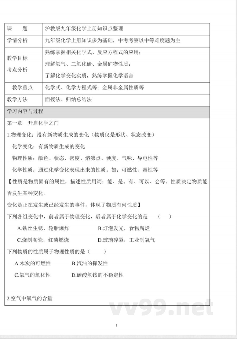 沪教版九年级化学上册知识点归纳 沪教版九年级化学上册知识点归纳