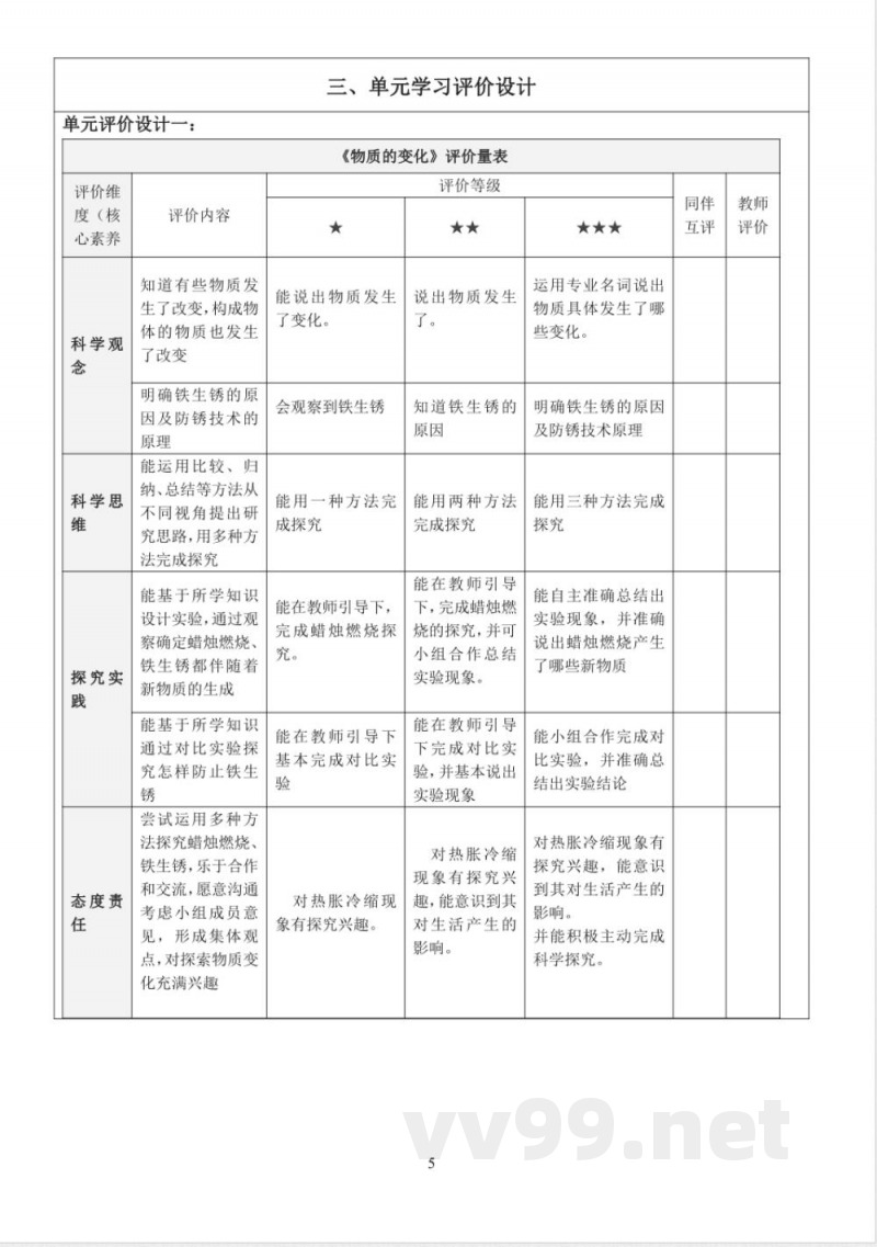 青岛版五年级科学下册第六单元物质的变化大单元教学设计
