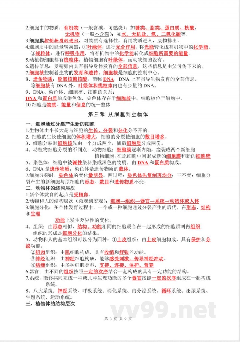 人教版生物七年级上册知识汇总