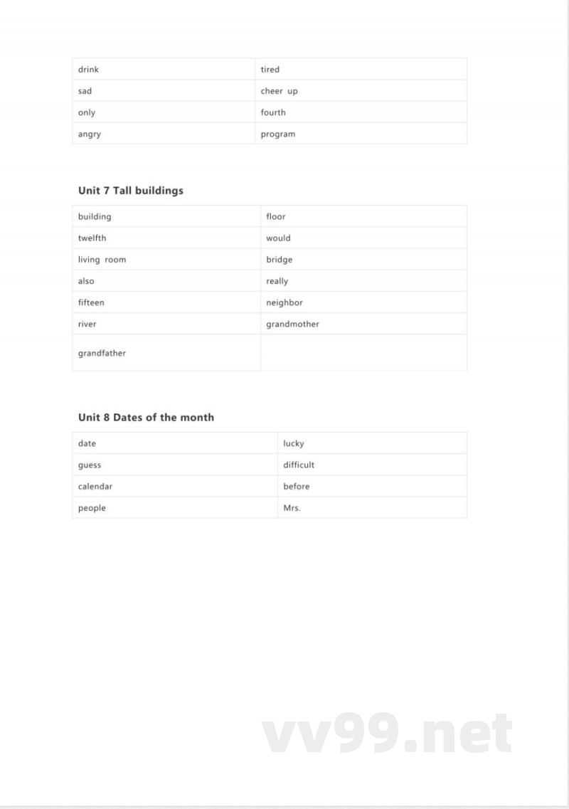 闽教版英语五年级下册单词表 单词默写表表