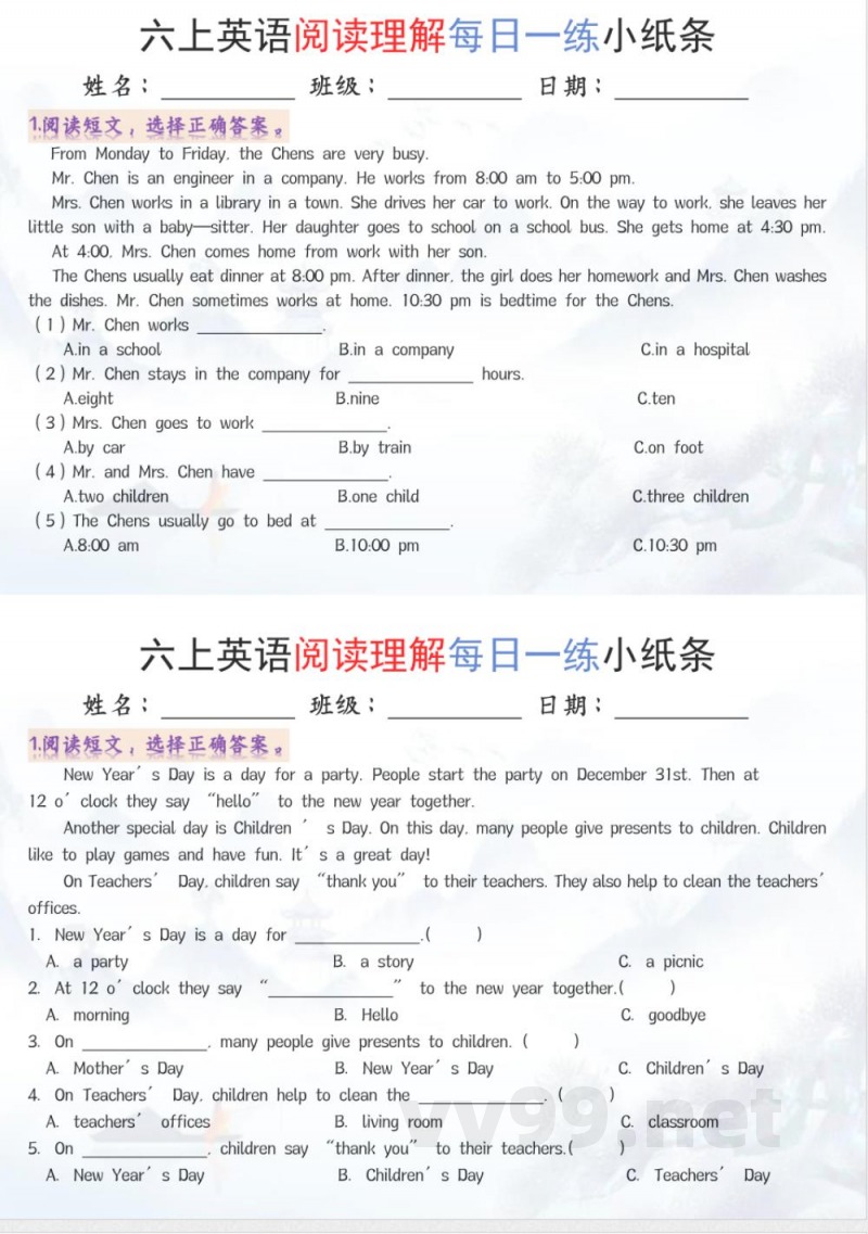 六年级上册英语阅读练习