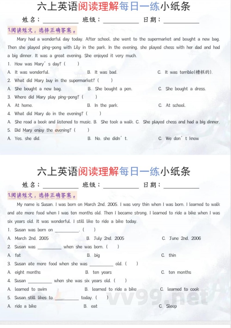 六年级上册英语阅读练习