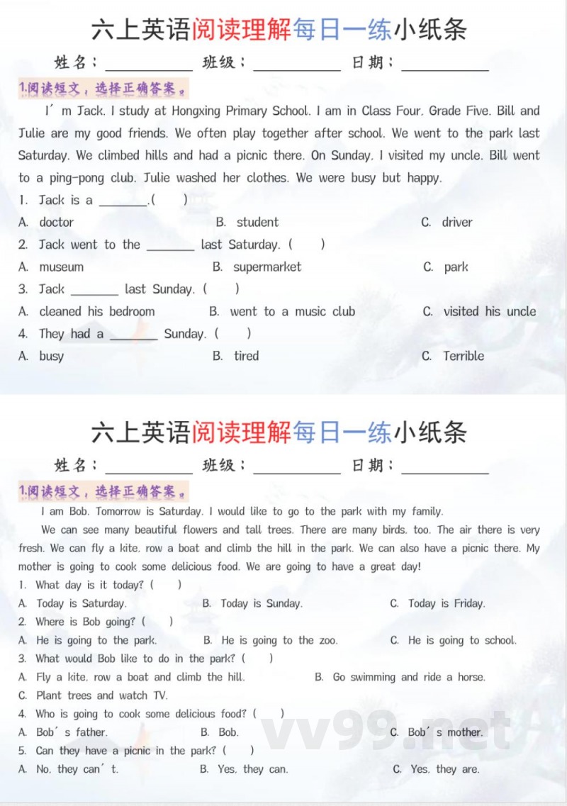 六年级上册英语阅读练习