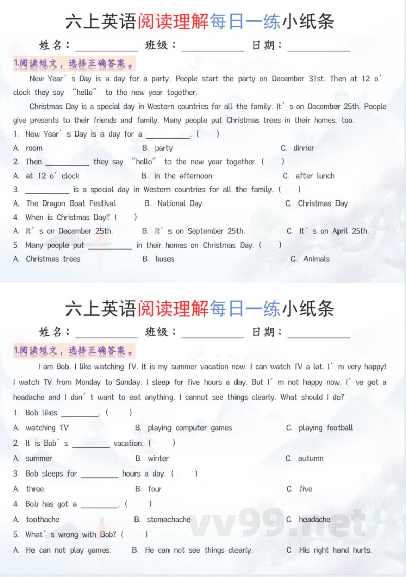 六年级上册英语阅读练习