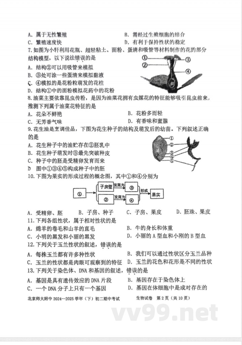 2025北京八年级（下）期中生物