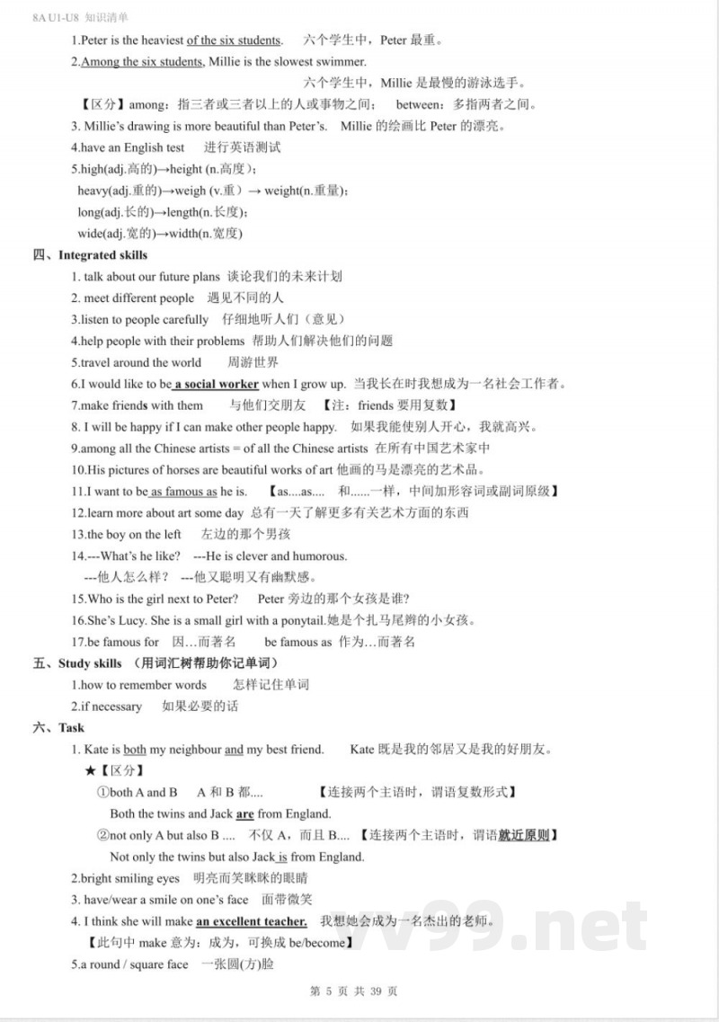 牛津译林版八年级英语上册知识清单