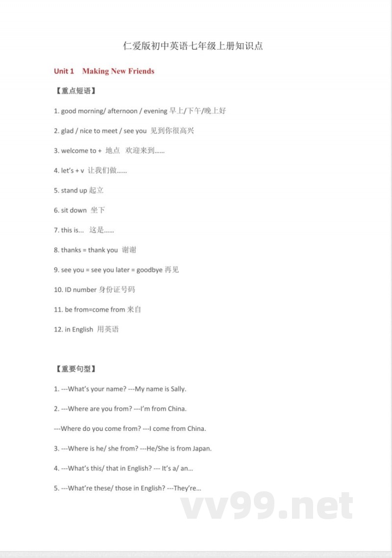 仁爱版初中英语七年级上册知识点