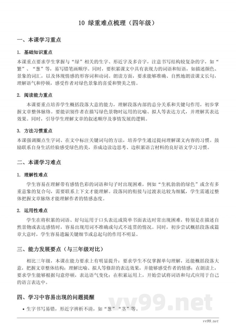 统编版四年级下册语文第三单元《绿》重难点梳理 统编版四年级下册语文第三单元《绿》重难点梳理