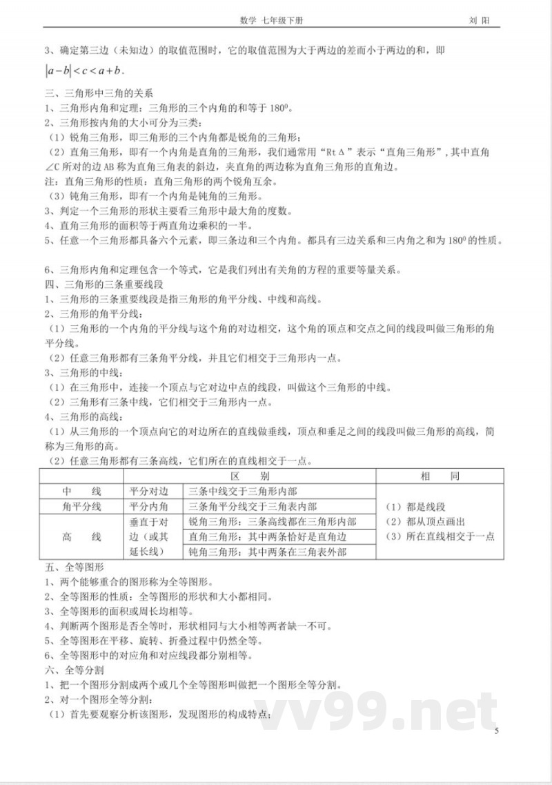 北师大版七年级数学下册全部知识点归纳(新)