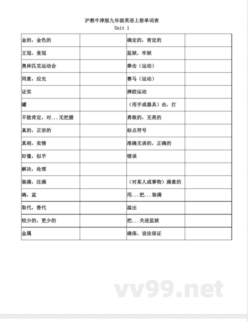 沪教牛津版九年级英语上册单词表