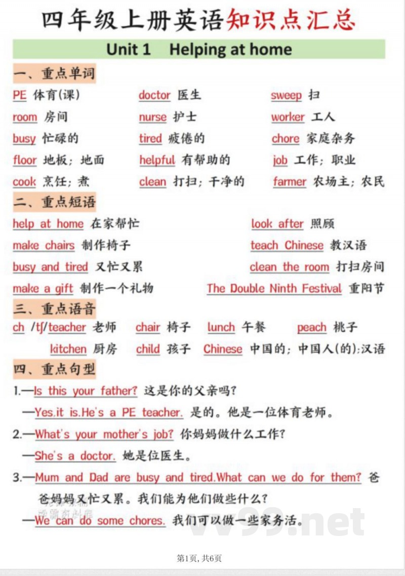 四年级（上）英语知识点汇总《PEP版》