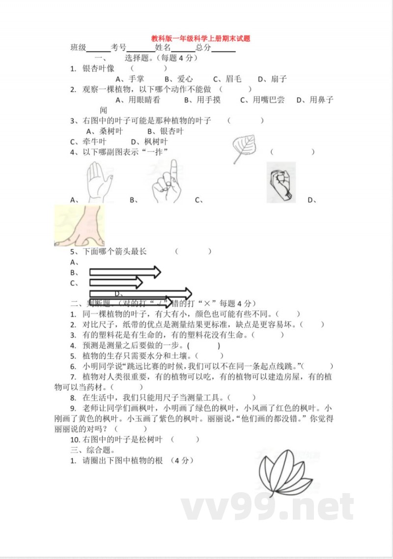 【科学】教科版科学一年级上册期末试卷