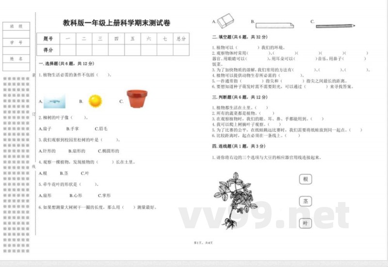 期末测试卷一年级上册科学教科版