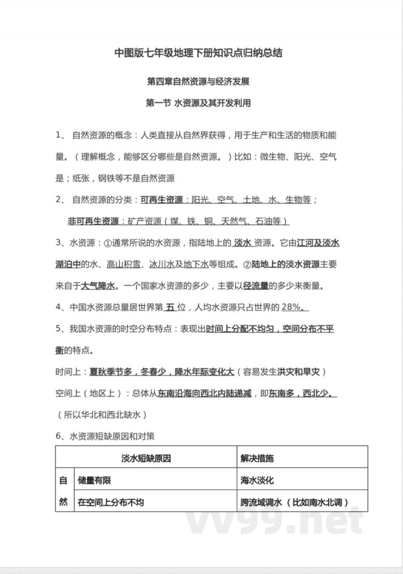 中图版七年级地理下册知识点归纳总结