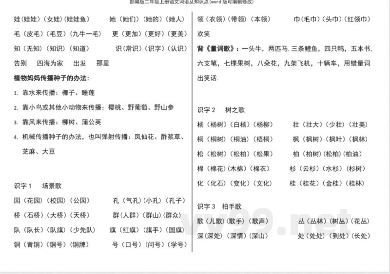 部编版二年级上册语文词语及知识点