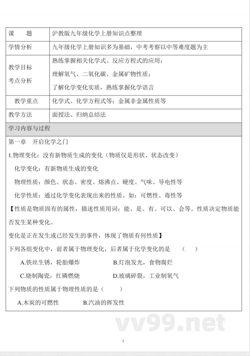 沪教版九年级化学上册知识点归纳整理