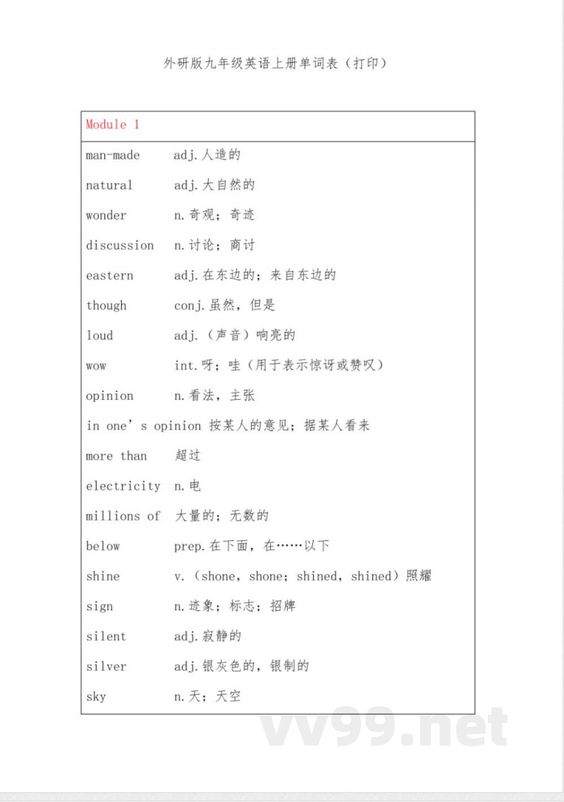 外研版九年级英语上册单词表(打印)