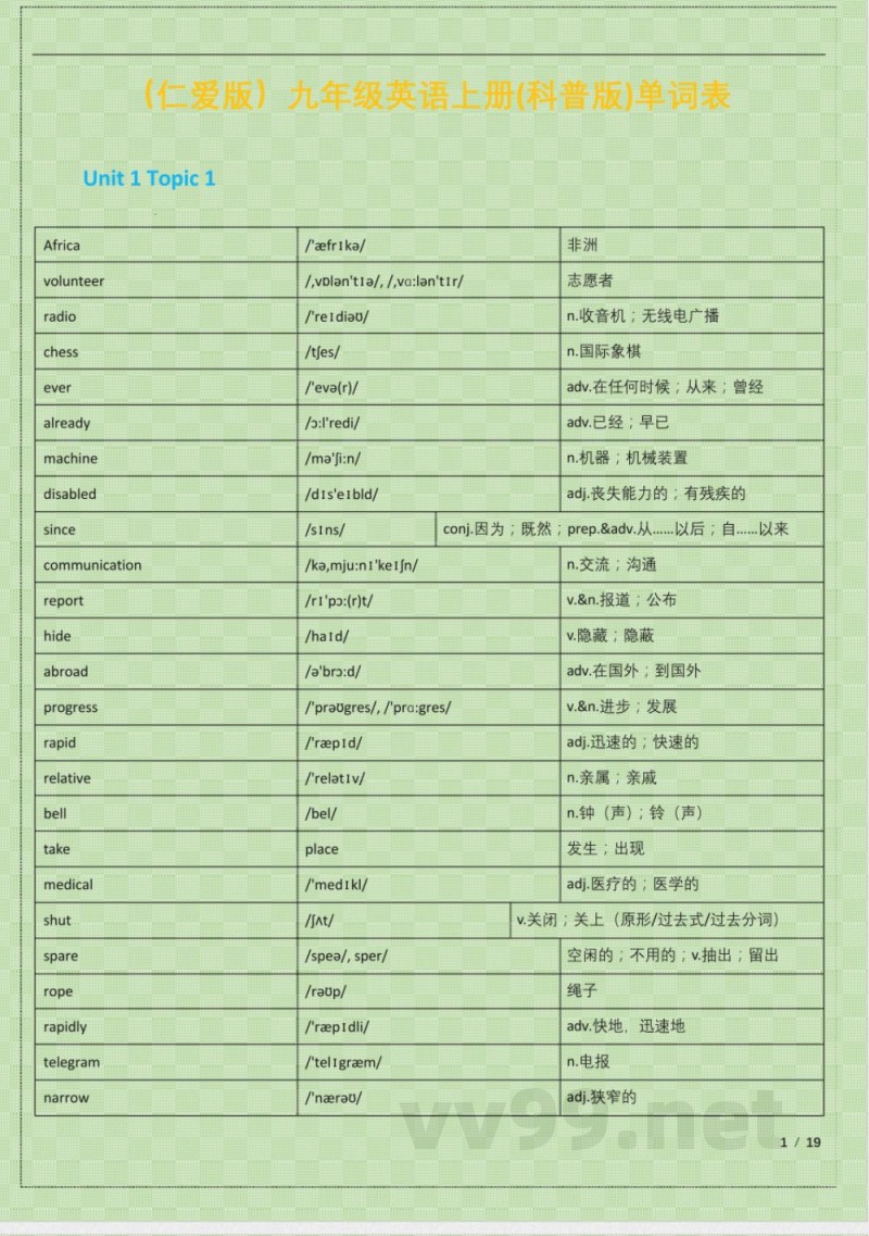 (仁爱版)九年级英语上册(科普版)单词表