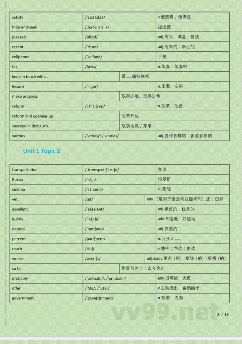 (仁爱版)九年级英语上册(科普版)单词表