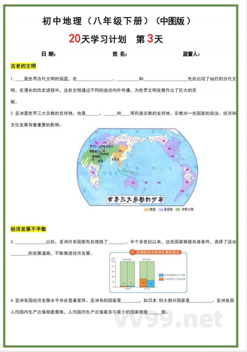 八年级下册地理中图版20天学习计划 八年级下册地理中图版20天学习计划