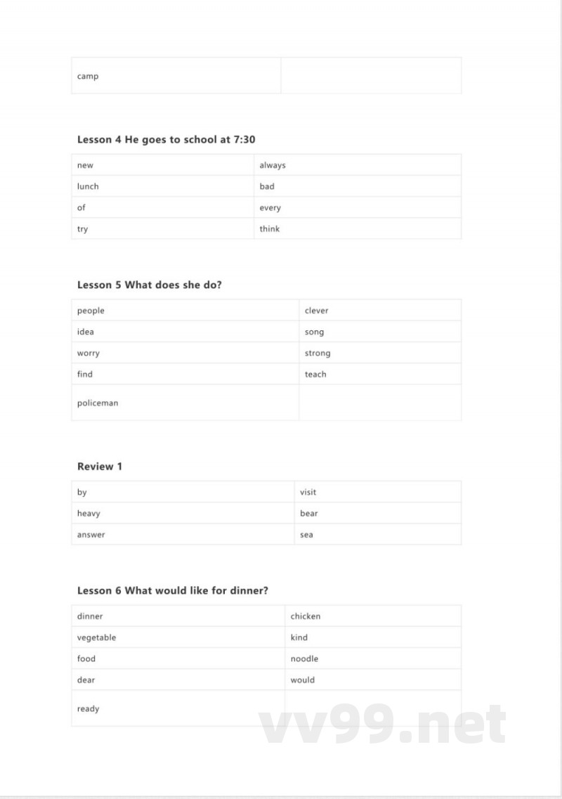 接力版英语五年级上册单词默写表