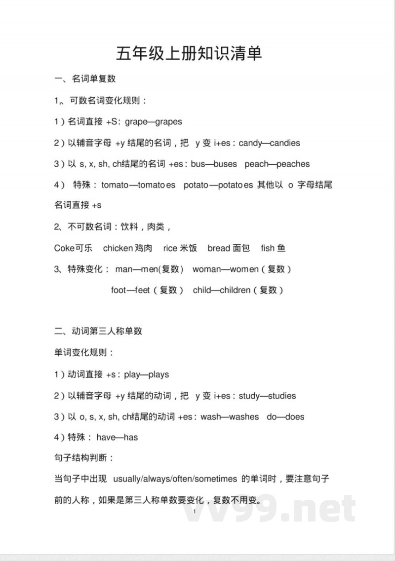 接力版五年级上册英语知识清单