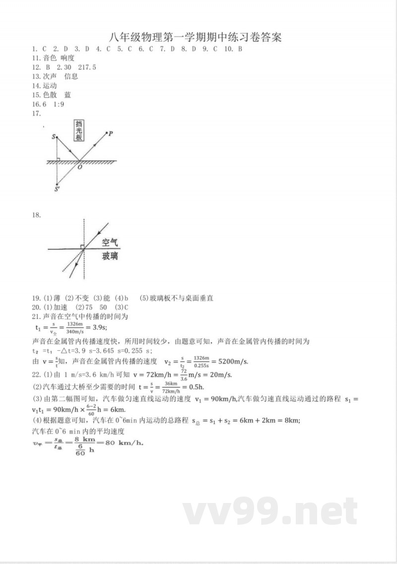 2024-2025沪科版八年级物理第一学期期中练习卷（含答案）