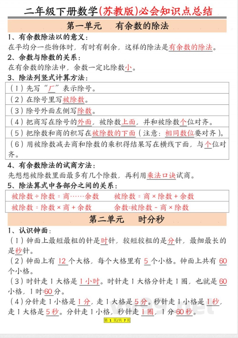 苏教数学二年级下册知识点