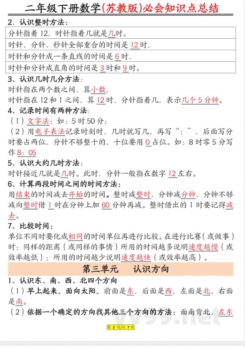 苏教数学二年级下册知识点