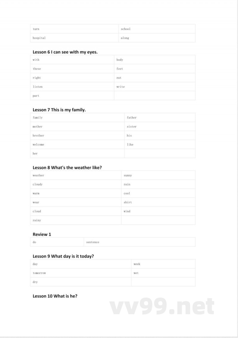接力版英语四年级上册单词默写表