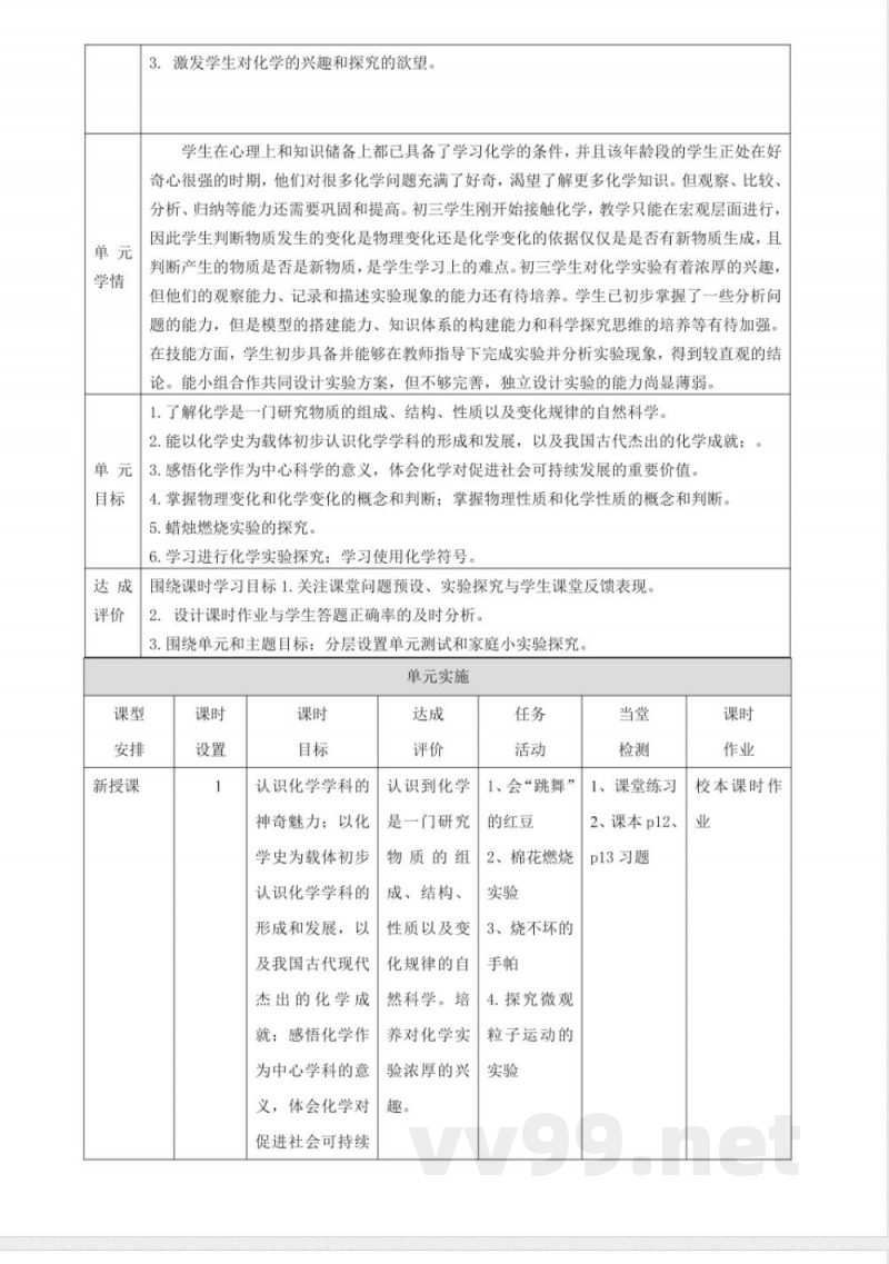 1.2化学研究什么 大单元教学设计 沪教版化学九年级上册
