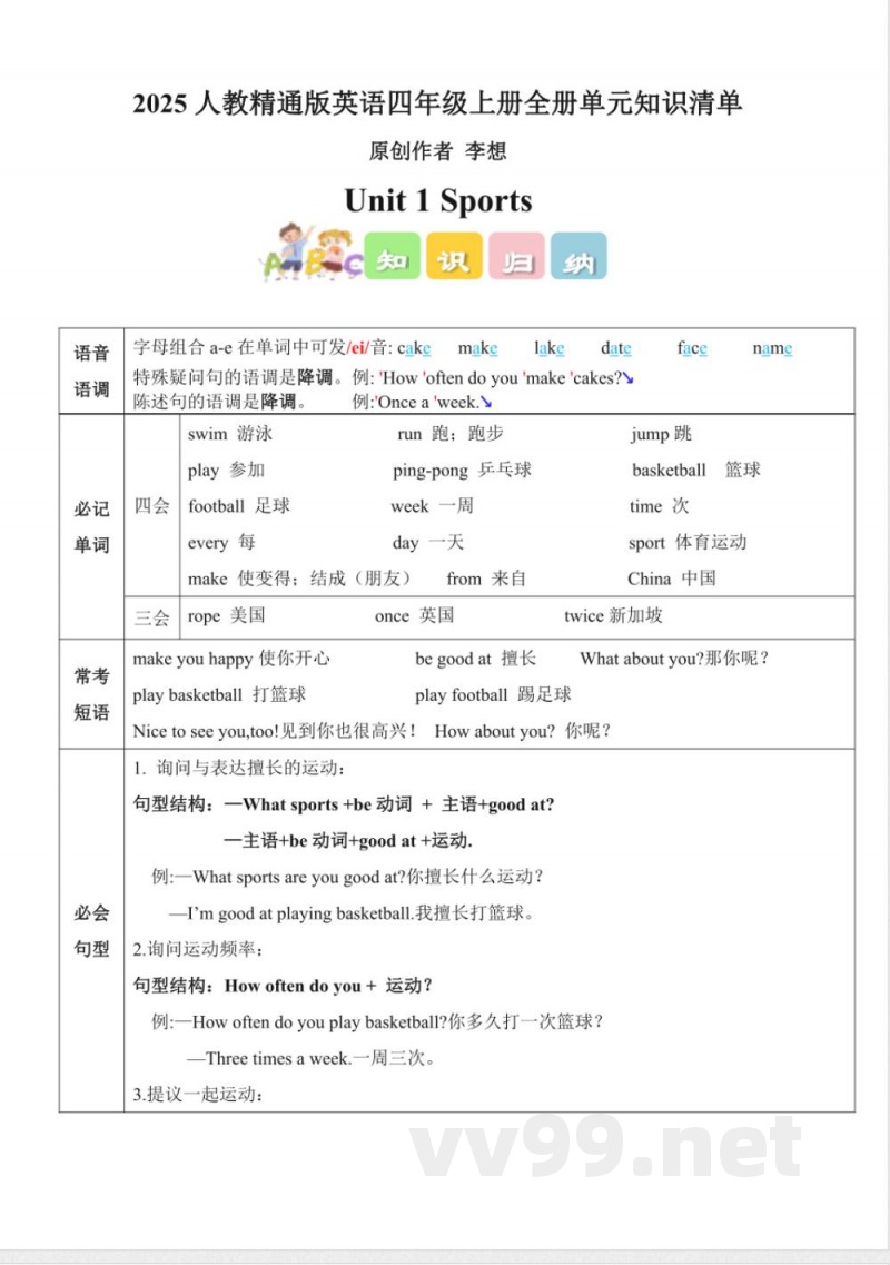 2025人教精通版英语四年级上册全册单元知识清单
