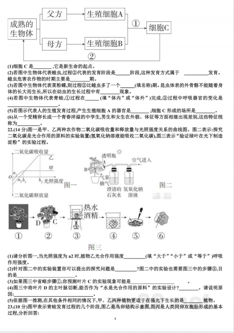 七年级下学期生物期末考试试题（含答案）（适合济南版）济南版（2024）七年级下册