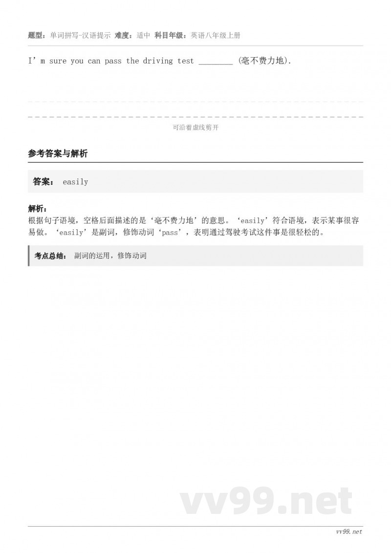 I’m sure you can pass the driving test ________ (毫不费力地)...