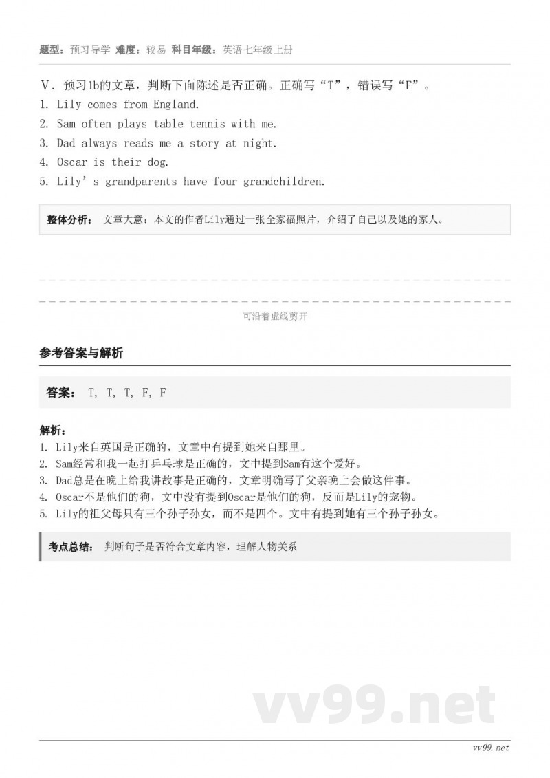 Ⅴ. 预习1b的文章，判断下面陈述是否正确。正确写“T”，错误写“F”。1. Lily comes from ...