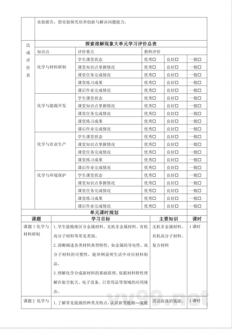 11.1 化学与材料研制 大单元教学设计 鲁教版化学九年级下册