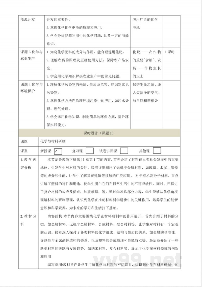 11.1 化学与材料研制 大单元教学设计 鲁教版化学九年级下册