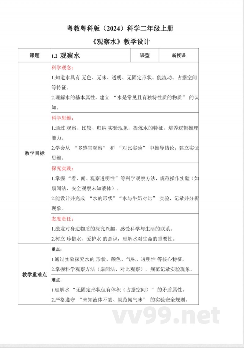 1.2 观察水(教学设计)科学粤教粤科版二年级上册(新教材) 1.2 观察水(教学设计)科学粤教粤科版二年级上册(新教材)