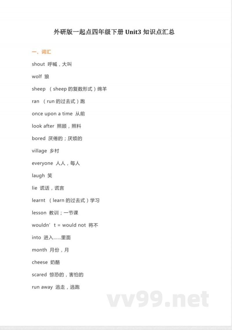 外研版一起点四年级下册英语Unit 3知识点汇总