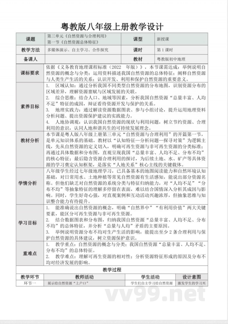 3.1自然资源总体特征(教学设计)地理粤人版2025八年级上册 3.1自然资源总体特征(教学设计)地理粤人版2025八年级上册
