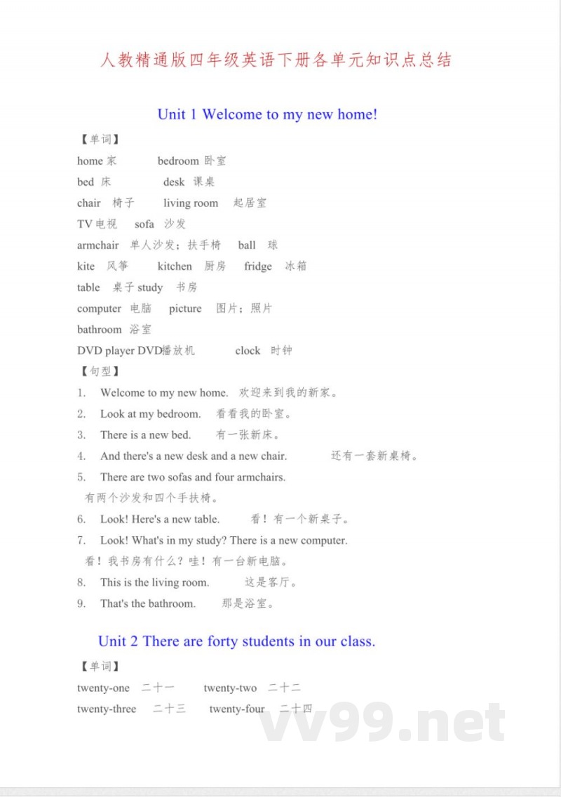 人教精通版四年级英语下册各单元知识点总结