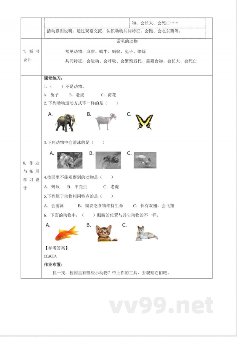 2.6《常见的动物》大单元教学设计 2025粤教粤科版科学一年级下册