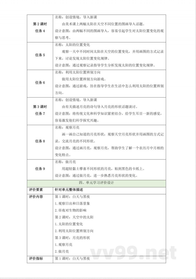 第三单元《太阳和月亮》大单元整体设计 2025粤教粤科版科学一年级下册