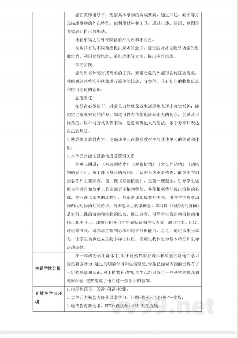 第二单元《植物和动物》大单元整体设计 2025粤教粤科版科学一年级下册