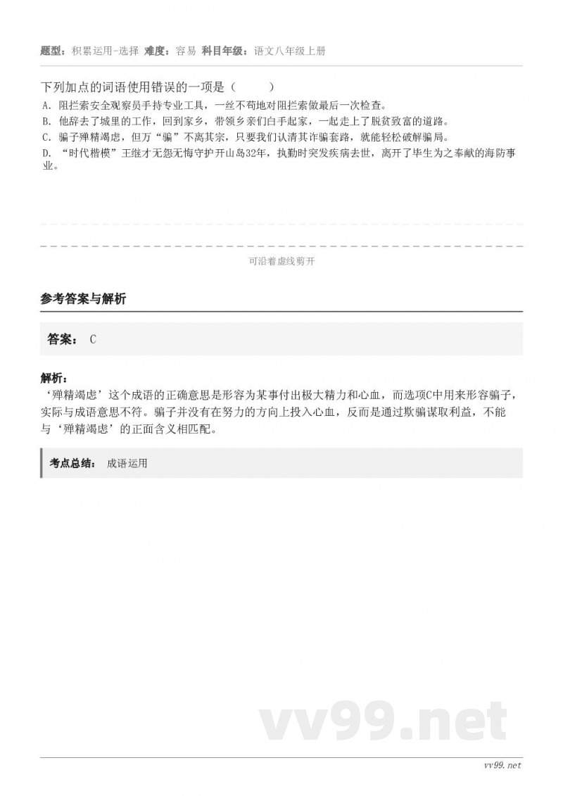 下列加点的词语使用错误的一项是（     ） A．阻拦索安全观察员手持专业工具，一丝不苟地对阻拦索做最后一次检...