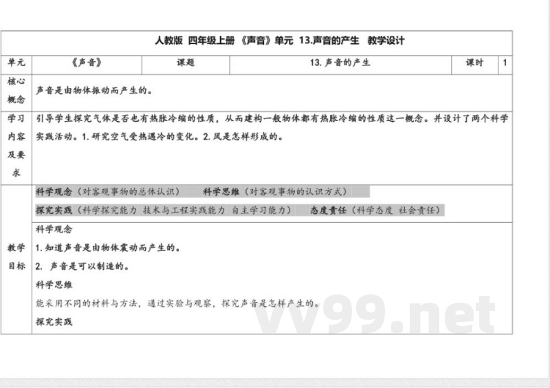 13.声音的产生 教案 人教鄂教版科学四年级上册