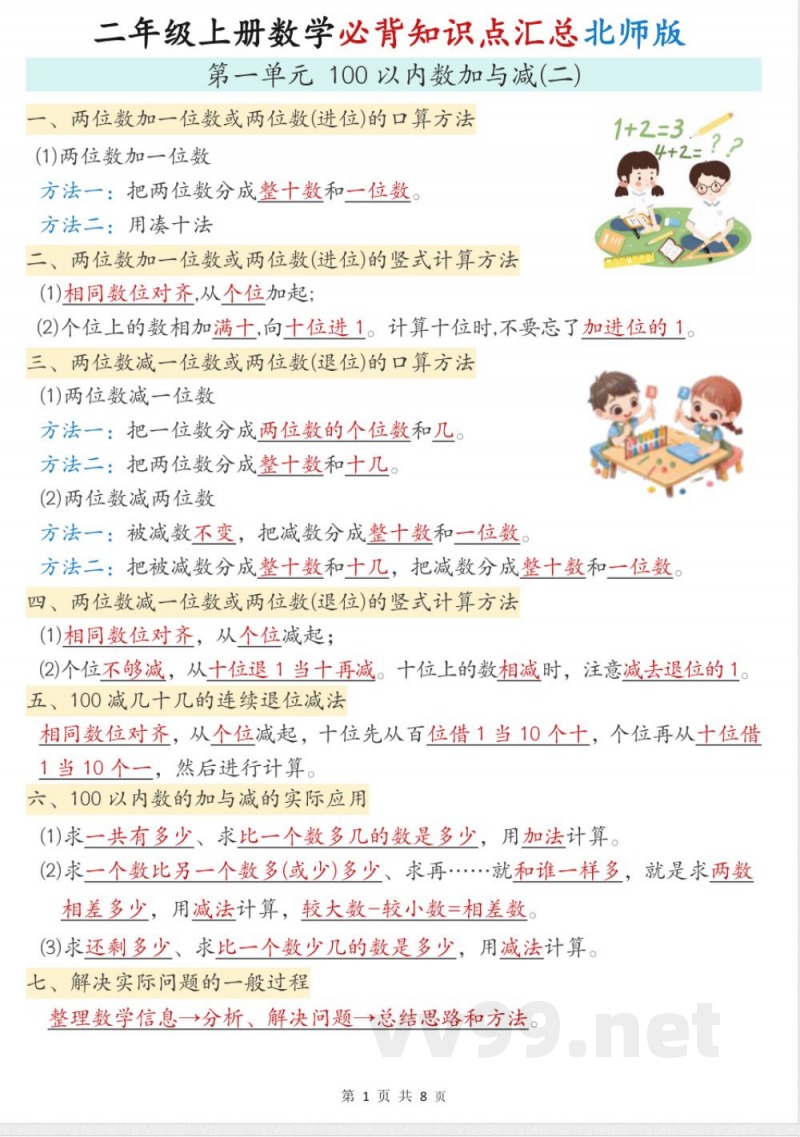 二年级上册数学必背知识点汇总北师大版