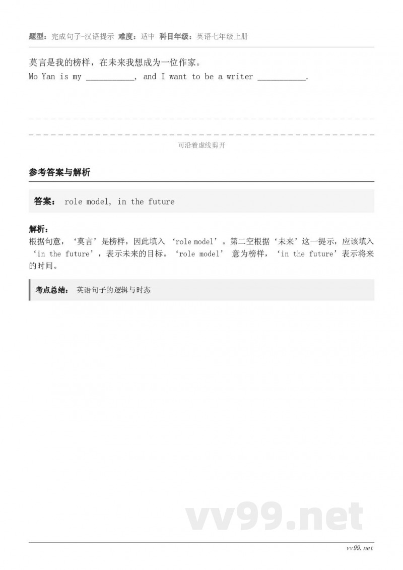 莫言是我的榜样，在未来我想成为一位作家。Mo Yan is my ___________, and I wan...