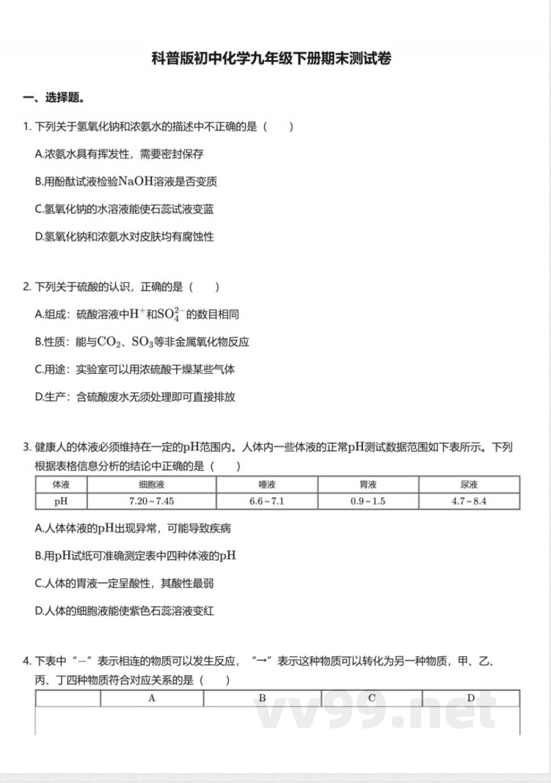科普版初中化学九年级下册期末测试卷