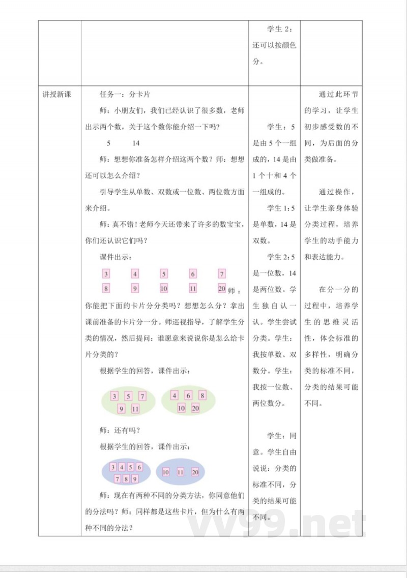 西师大版数学一年级下册《5.2 数的分类》教学设计
